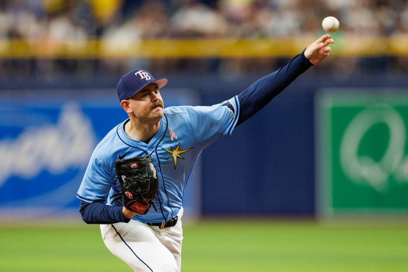 May 12, 2024; St. Petersburg, Florida, USA;  Tampa Bay Rays pitcher Tyler Alexander (14) throws a pitch against the New York Yankees in the seventh inning at Tropicana Field. Mandatory Credit: Nathan Ray Seebeck-USA TODAY Sports