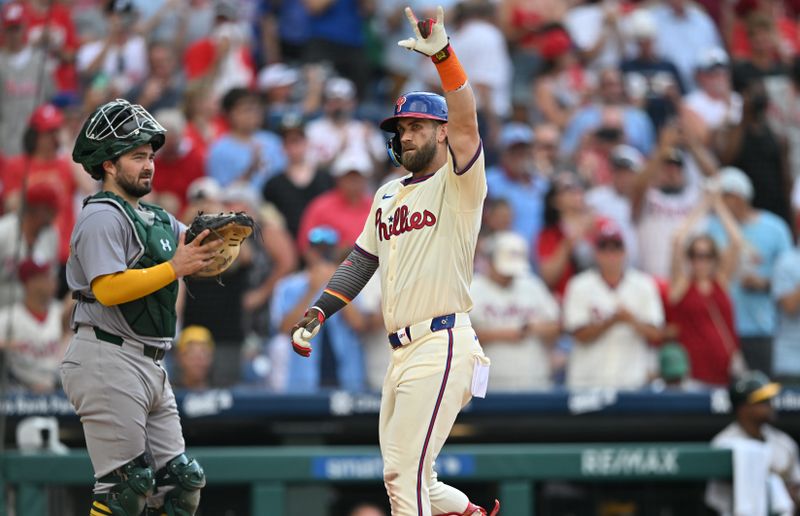 Jul 13, 2024; Philadelphia, Pennsylvania, USA; Philadelphia Phillies first baseman Bryce Harper (3) reacts after hitting a home run against the Oakland Athletics in the seventh inning at Citizens Bank Park. Mandatory Credit: Kyle Ross-USA TODAY Sports