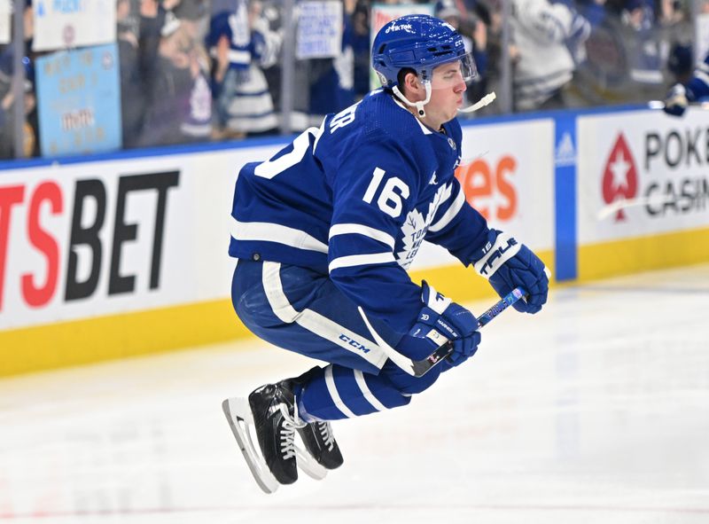 Jan 3, 2023; Toronto, Ontario, CAN; Toronto Maple Leafs forward Mitch Marner (16) warms up before playing the St. Louis Blues at Scotiabank Arena. Mandatory Credit: Dan Hamilton-USA TODAY Sports