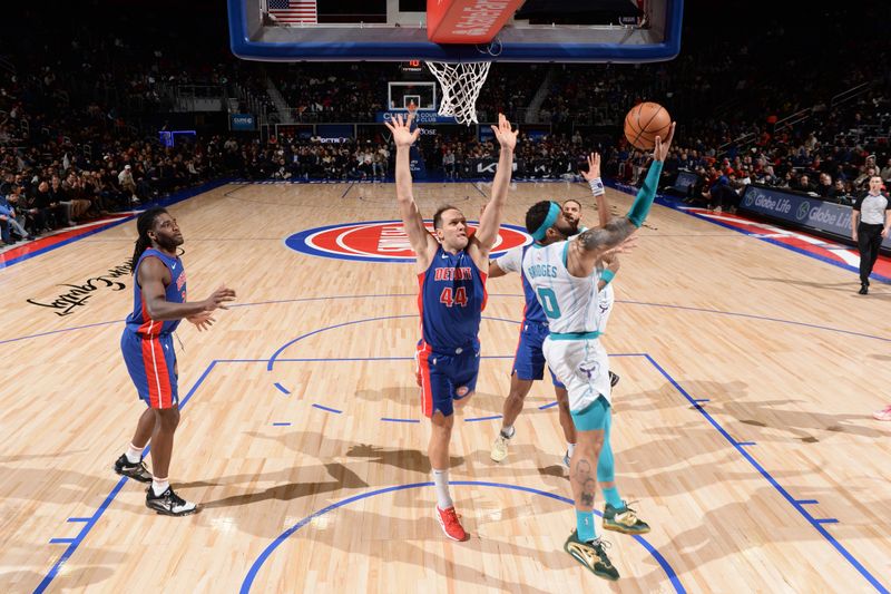 DETROIT, MI - JANUARY 24: Miles Bridges #0 of the Charlotte Hornets drives to the basket during the game against the Detroit Pistons on January 24, 2024 at Little Caesars Arena in Detroit, Michigan. NOTE TO USER: User expressly acknowledges and agrees that, by downloading and/or using this photograph, User is consenting to the terms and conditions of the Getty Images License Agreement. Mandatory Copyright Notice: Copyright 2024 NBAE (Photo by Chris Schwegler/NBAE via Getty Images)