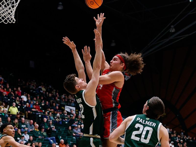 Mar 3, 2023; Fort Collins, Colorado, USA; New Mexico Lobos forward Josiah Allick (53) attempts a shot against Colorado State Rams forward Patrick Cartier (12) as guard Joe Palmer (20) defends in the first half at Moby Arena. Mandatory Credit: Isaiah J. Downing-USA TODAY Sports