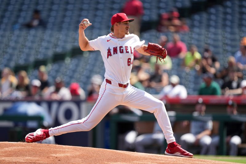 Sep 18, 2024; Anaheim, California, USA; Los Angeles Angels starting pitcher Jack Kochanowicz (64) throws in the first inning against the Chicago White Sox at Angel Stadium. Mandatory Credit: Kirby Lee-Imagn Images