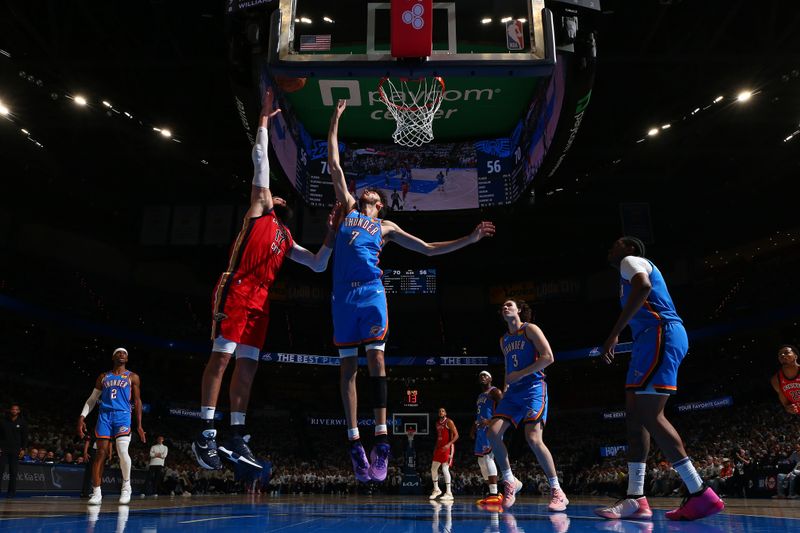 OKLAHOMA CITY, OK - APRIL 24: Jonas Valanciunas #17 of the New Orleans Pelicans shoots the ball during the game against the Oklahoma City Thunder during Round 1 Game 2 of the 2024 NBA Playoffs on April 24, 2024 at Paycom Arena in Oklahoma City, Oklahoma. NOTE TO USER: User expressly acknowledges and agrees that, by downloading and or using this photograph, User is consenting to the terms and conditions of the Getty Images License Agreement. Mandatory Copyright Notice: Copyright 2024 NBAE (Photo by Zach Beeker/NBAE via Getty Images)