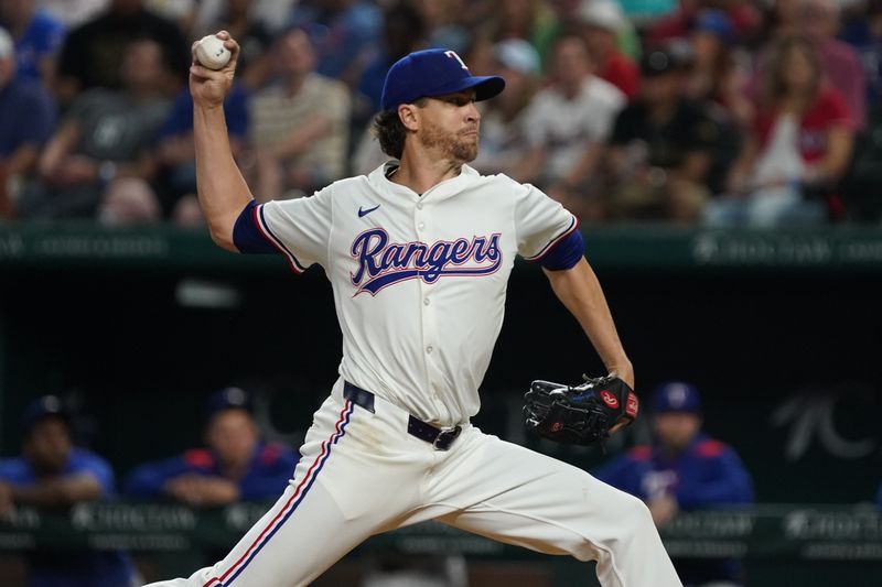 May 15, 2025; Arlington, Texas, USA; Texas Rangers pitcher Jacob deGrom (48) throws to the plate during the eighth inning against the Houston Astros at Globe Life Field. Mandatory Credit: Raymond Carlin III-Imagn Images