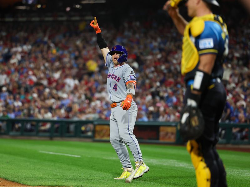 Sep 13, 2024; Philadelphia, Pennsylvania, USA; New York Mets catcher Francisco Alvarez (4) reacts after hitting a three run home run during the fifth inning against the Philadelphia Phillies at Citizens Bank Park. Mandatory Credit: Bill Streicher-Imagn Images