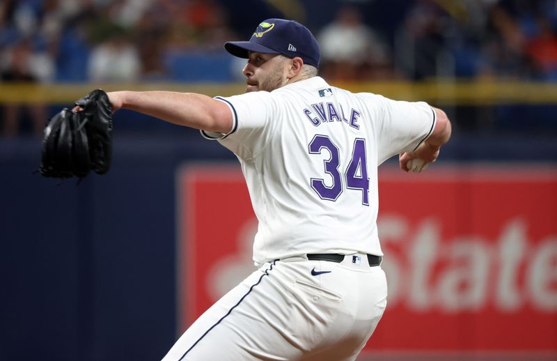 Jun 7, 2024; St. Petersburg, Florida, USA;Tampa Bay Rays pitcher Aaron Civale (34) throws a pitch against the Baltimore Orioles during the second inning at Tropicana Field. Mandatory Credit: Kim Klement Neitzel-USA TODAY Sports