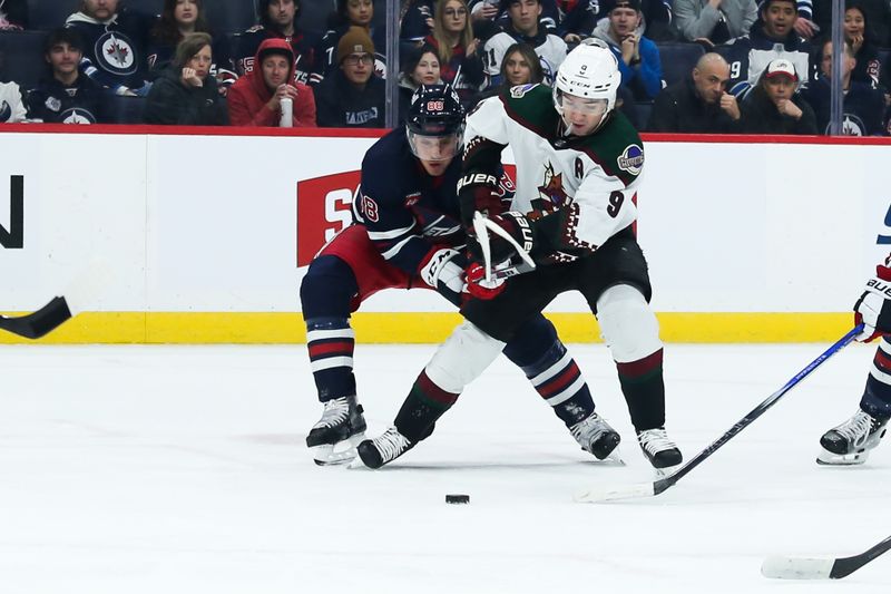 Nov 18, 2023; Winnipeg, Manitoba, CAN;  Winnipeg Jets defenseman Nate Schmidt (88) battles Arizona Coyotes forward Clayton Keller (9) for the puck during the first period at Canada Life Centre. Mandatory Credit: Terrence Lee-USA TODAY Sports