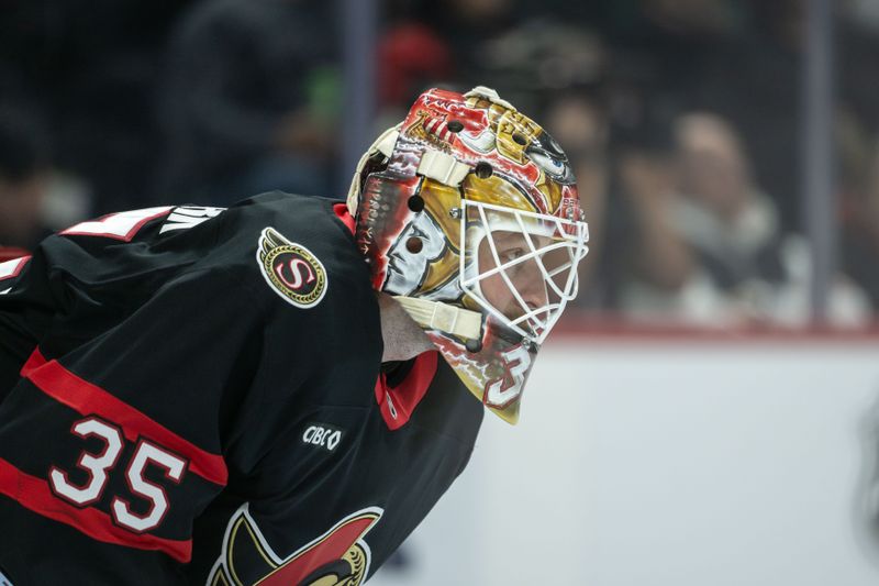 Oct 29, 2024; Ottawa, Ontario, CAN; Ottawa Senators goalie Linus Ullmark (35) looks up the ice in the second period against the St. Louis Blues at the Canadian Tire Centre. Mandatory Credit: Marc DesRosiers-Imagn Images