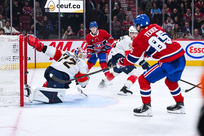 Jan 8, 2026; Montreal, Quebec, CAN; Montreal Canadiens left wing Alexandre Texier (85) scores a goal against Florida Panthers Sergei Sergei Bobrovsky (72) during the third period at Bell Centre. Mandatory Credit: David Kirouac-Imagn Images