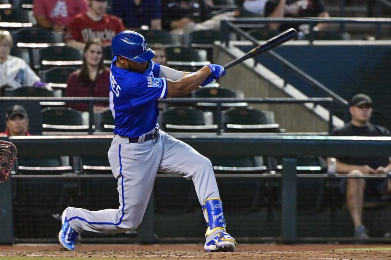 Apr 26, 2023; Phoenix, Arizona, USA; Kansas City Royals catcher Salvador Perez (13) singles in the seventh inning
 against the Arizona Diamondbacks at Chase Field. Mandatory Credit: Matt Kartozian-USA TODAY Sports