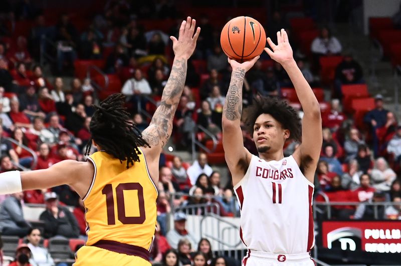 Jan 28, 2023; Pullman, Washington, USA; Washington State Cougars forward DJ Rodman (11) shoots the ball against Arizona State Sun Devils guard Frankie Collins (10) in the first half at Friel Court at Beasley Coliseum. Mandatory Credit: James Snook-USA TODAY Sports