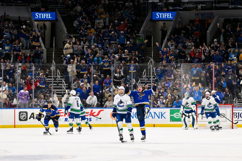 Mar 20, 2025; St. Louis, Missouri, USA;  St. Louis Blues defenseman Tyler Tucker (75) reacts after scoring against the Vancouver Canucks during the third period at Enterprise Center. Mandatory Credit: Jeff Curry-Imagn Images