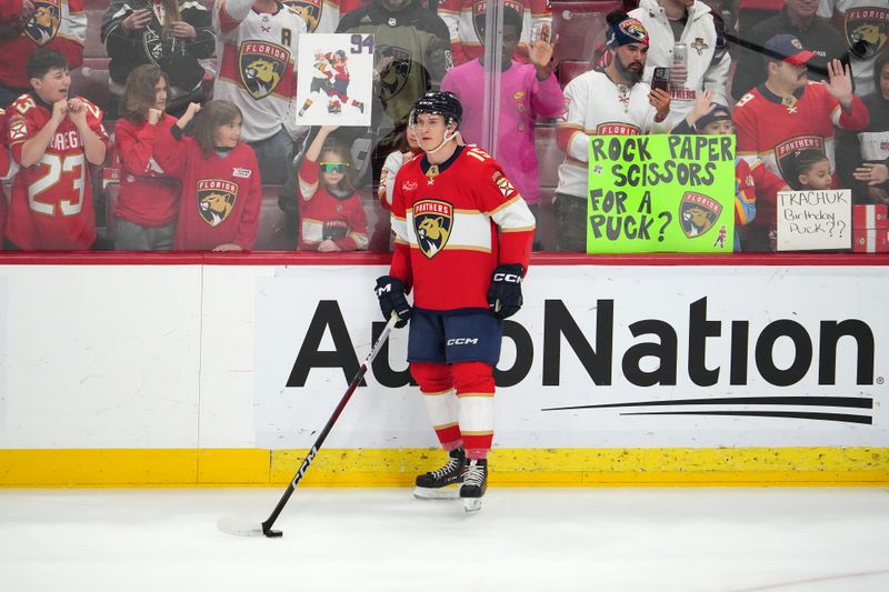 Jan 17, 2024; Sunrise, Florida, USA; Florida Panthers center Anton Lundell (15) stands on the ice during warmups prior to the game against the Detroit Red Wings at Amerant Bank Arena. Mandatory Credit: Jasen Vinlove-USA TODAY Sports