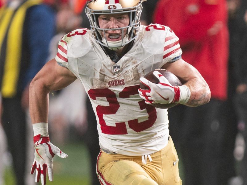 San Francisco 49ers running back Christian McCaffrey (23) in action during the NFL football game against the Philadelphia Eagles, Sunday, Dec. 3, 2023, in Philadelphia. (AP Photo/Chris Szagola)