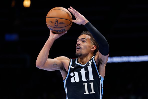 ATLANTA, GEORGIA - NOVEMBER 21: Trae Young #11 of the Atlanta Hawks shoots during the first quarter against the Indiana Pacers during an NBA In-Season Tournament game at State Farm Arena on November 21, 2023 in Atlanta, Georgia. NOTE TO USER: User expressly acknowledges and agrees that, by downloading and or using this photograph, User is consenting to the terms and conditions of the Getty Images License Agreement. (Photo by Todd Kirkland/Getty Images)