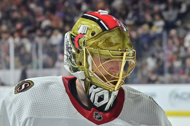 Dec 19, 2023; Tempe, Arizona, USA; Detail view of the mask of Ottawa Senators goaltender Joonas Korpisalo (70) in the second period against the Arizona Coyotes at Mullett Arena. Mandatory Credit: Matt Kartozian-USA TODAY Sports