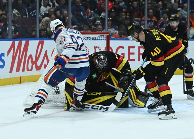 Oct 26, 2025; Vancouver, British Columbia, CAN;  Edmonton Oilers right wing Vasily Podkolzin (92) shoots the puck against Vancouver Canucks goaltender Thatcher Demko (35) during the first period at Rogers Arena. Mandatory Credit: Simon Fearn-Imagn Images