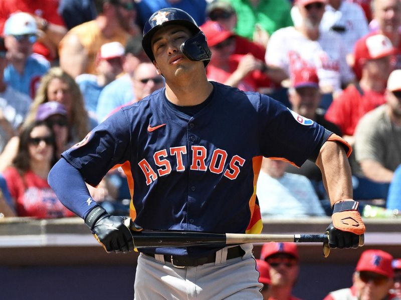 Mar 8, 2024; Clearwater, Florida, USA; Houston Astros second baseman Shay Whitcomb (87) reacts after striking out in the second inning of the spring training game against the Philadelphia Phillies at BayCare Ballpark. Mandatory Credit: Jonathan Dyer-USA TODAY Sports