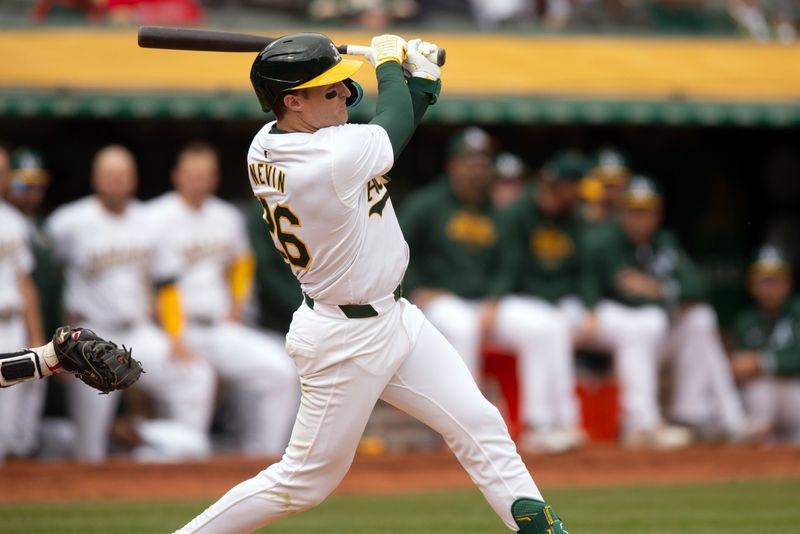 Apr 3, 2024; Oakland, California, USA; Oakland Athletics left fielder Tyler Nevin (26) grounds out against the Boston Red Sox during the second inning at Oakland-Alameda County Coliseum. Mandatory Credit: D. Ross Cameron-USA TODAY Sports