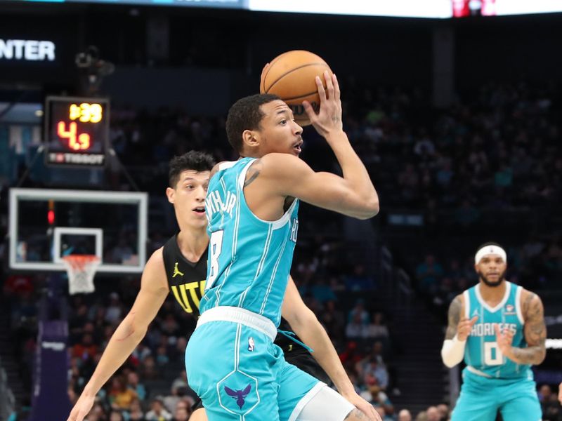 CHARLOTTE, NC - JANUARY 27: Nick Smith Jr. #8 of the Charlotte Hornets drives to the basket during the game against the Utah Jazz on January 27, 2024 at Spectrum Center in Charlotte, North Carolina. NOTE TO USER: User expressly acknowledges and agrees that, by downloading and or using this photograph, User is consenting to the terms and conditions of the Getty Images License Agreement.  Mandatory Copyright Notice:  Copyright 2024 NBAE (Photo by Brock Williams-Smith/NBAE via Getty Images)