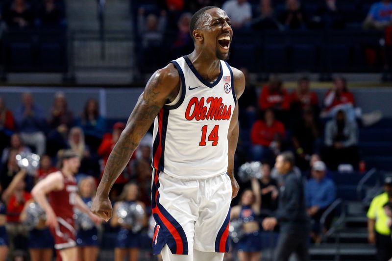 Feb 11, 2023; Oxford, Mississippi, USA; Mississippi Rebels guard Tye Fagan (14) reacts after a basket during the first half against the South Carolina Gamecocks at The Sandy and John Black Pavilion at Ole Miss. Mandatory Credit: Petre Thomas-USA TODAY Sports