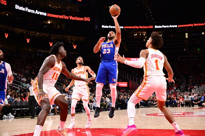 ATLANTA, GA - OCTOBER 14:  Eric Gordon #23 of the Philadelphia 76ers shoots the ball during the game against the Atlanta Hawks during a preseason game on October 14, 2024 at State Farm Arena in Atlanta, Georgia.  NOTE TO USER: User expressly acknowledges and agrees that, by downloading and/or using this Photograph, user is consenting to the terms and conditions of the Getty Images License Agreement. Mandatory Copyright Notice: Copyright 2024 NBAE (Photo by Adam Hagy/NBAE via Getty Images)