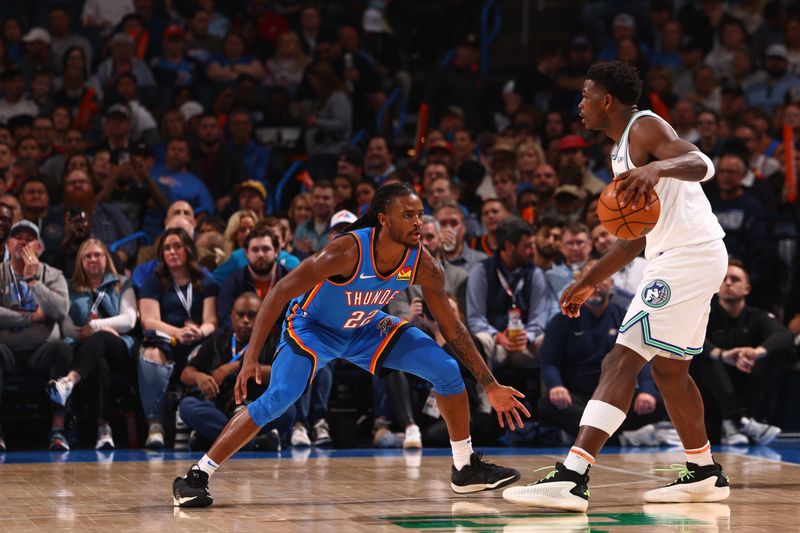 OKLAHOMA CITY, OK - JANUARY 29: Cason Wallace #22 of the Oklahoma City Thunder  plays defense during the game against the Minnesota Timberwolves on January 29, 2024 at Paycom Arena in Oklahoma City, Oklahoma. NOTE TO USER: User expressly acknowledges and agrees that, by downloading and or using this photograph, User is consenting to the terms and conditions of the Getty Images License Agreement. Mandatory Copyright Notice: Copyright 2024 NBAE (Photo by Zach Beeker/NBAE via Getty Images)