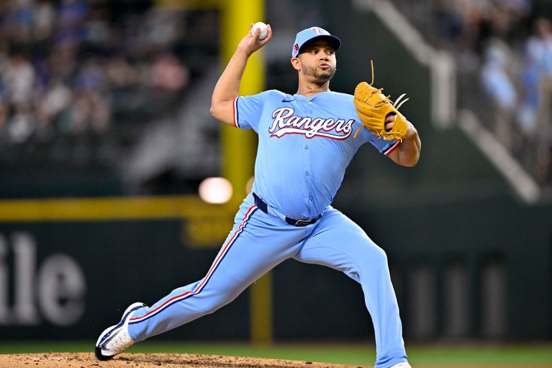 Aug 18, 2024; Arlington, Texas, USA; Texas Rangers relief pitcher Gerson Garabito (58) pitches against the Minnesota Twins during the fourth inning at Globe Life Field. Mandatory Credit: Jerome Miron-USA TODAY Sports