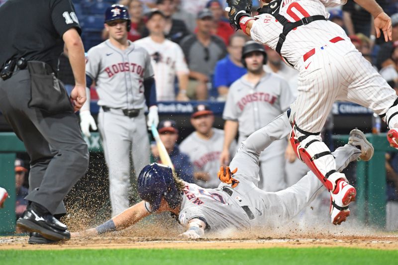 Aug 26, 2024; Philadelphia, Pennsylvania, USA; Houston Astros outfielder Jake Meyers (6) slides safely into home against the Philadelphia Phillies during the fourth inning at Citizens Bank Park. Mandatory Credit: Eric Hartline-USA TODAY Sports