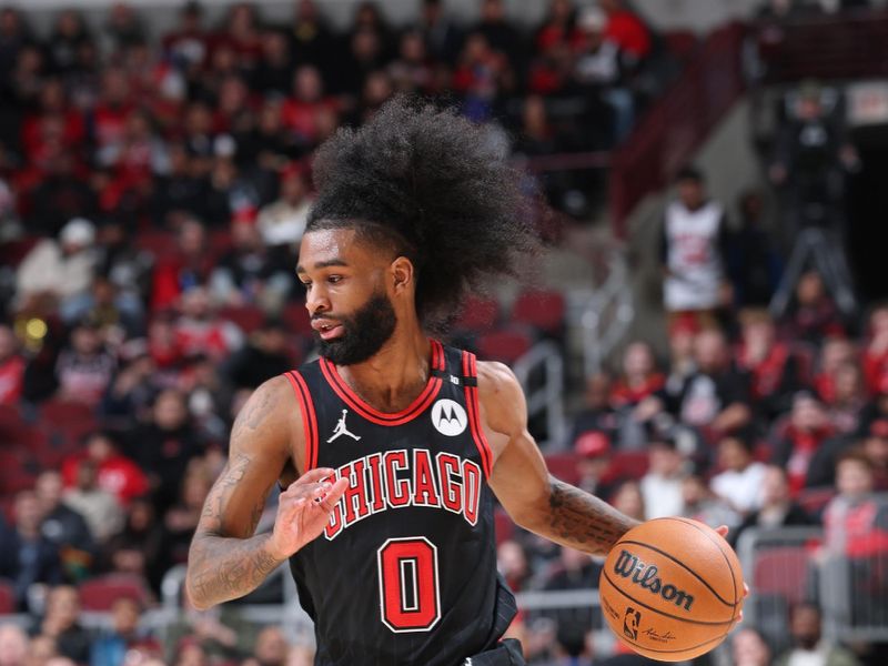 CHICAGO, IL - DECEMBER 13: Coby White #0 of the Chicago Bulls dribbles the ball during the game against the Charlotte Hornets on December 13, 2024 at United Center in Chicago, Illinois. NOTE TO USER: User expressly acknowledges and agrees that, by downloading and or using this photograph, User is consenting to the terms and conditions of the Getty Images License Agreement. Mandatory Copyright Notice: Copyright 2024 NBAE (Photo by Jeff Haynes/NBAE via Getty Images)