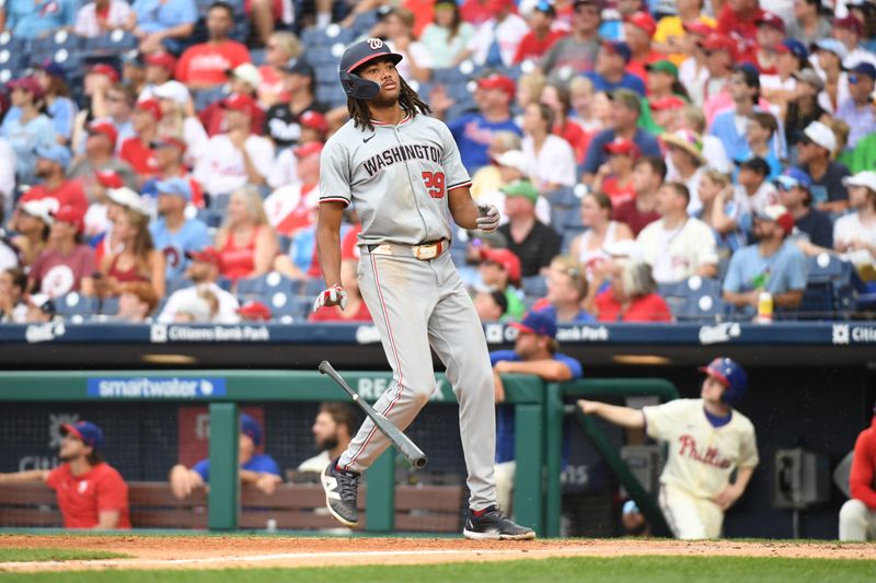 Aug 18, 2024; Philadelphia, Pennsylvania, USA; Washington Nationals outfielder James Wood (29) reacts after hitting a home run during the ninth inning against the Philadelphia Phillies at Citizens Bank Park. Mandatory Credit: Eric Hartline-USA TODAY Sports