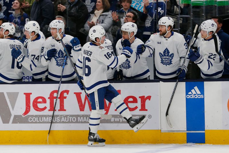 Dec 29, 2023; Columbus, Ohio, USA; Toronto Maple Leafs right wing Mitchell Marner (16) celebrates his goal against the Columbus Blue Jacketsduring the first period at Nationwide Arena. Mandatory Credit: Russell LaBounty-USA TODAY Sports