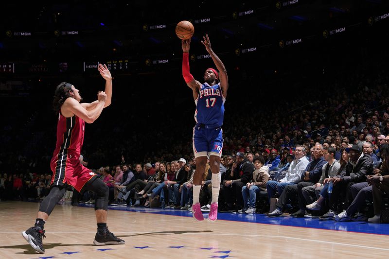 PHILADELPHIA, PA - FEBRUARY 14: Buddy Heild #17 of the Philadelphia 76ers shoots the ball during the game against the Miami Heat on February 14, 2024 at the Wells Fargo Center in Philadelphia, Pennsylvania NOTE TO USER: User expressly acknowledges and agrees that, by downloading and/or using this Photograph, user is consenting to the terms and conditions of the Getty Images License Agreement. Mandatory Copyright Notice: Copyright 2024 NBAE (Photo by Jesse D. Garrabrant/NBAE via Getty Images)