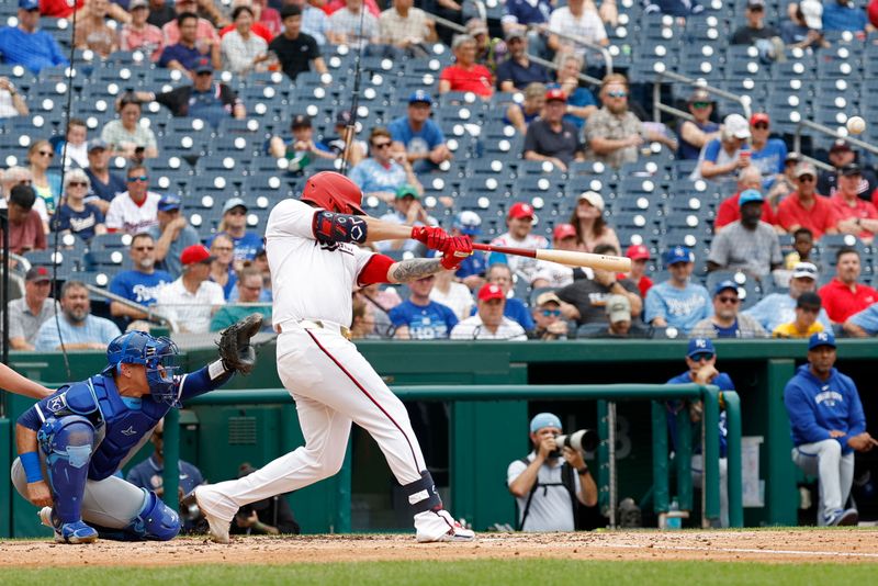 Sep 26, 2024; Washington, District of Columbia, USA; Washington Nationals second baseman Luis García Jr. (2) hits a three run home run against the Kansas City Royals during the third inning at Nationals Park. Mandatory Credit: Geoff Burke-Imagn Images