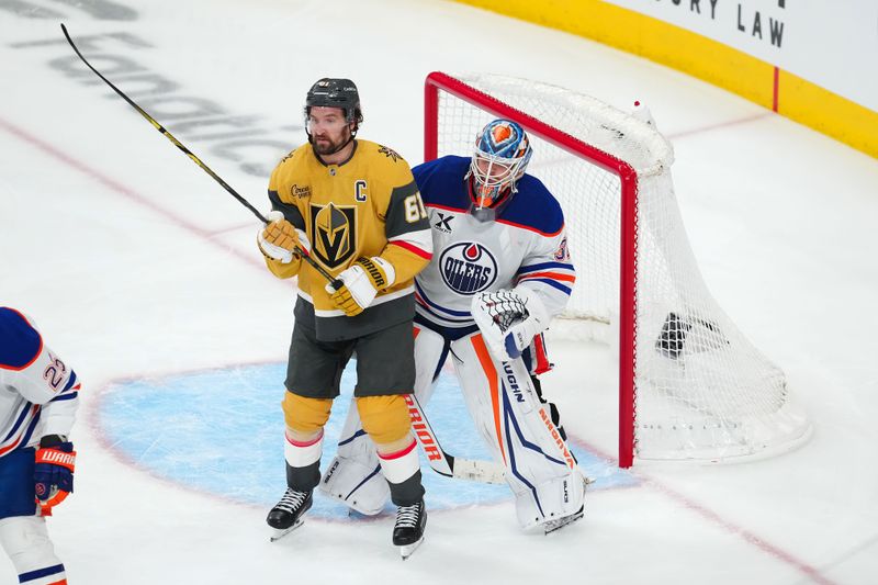 May 6, 2025; Las Vegas, Nevada, USA; Vegas Golden Knights right wing Mark Stone (61) screens Edmonton Oilers goaltender Calvin Pickard (30) during the third period of game one of the second round of the 2025 Stanley Cup Playoffs at T-Mobile Arena. Mandatory Credit: Stephen R. Sylvanie-Imagn Images