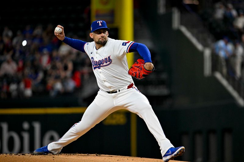 May 2, 2024; Arlington, Texas, USA; Texas Rangers starting pitcher Nathan Eovaldi (17) pitches against the Washington Nationals during the first inning at Globe Life Field. Mandatory Credit: Jerome Miron-USA TODAY Sports