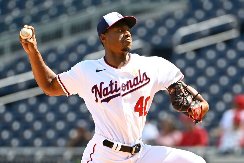 Sep 20, 2023; Washington, District of Columbia, USA; Washington Nationals starting pitcher Josiah Gray (40) throws to the Chicago White Sox during the first inning at Nationals Park. Mandatory Credit: Brad Mills-USA TODAY Sports