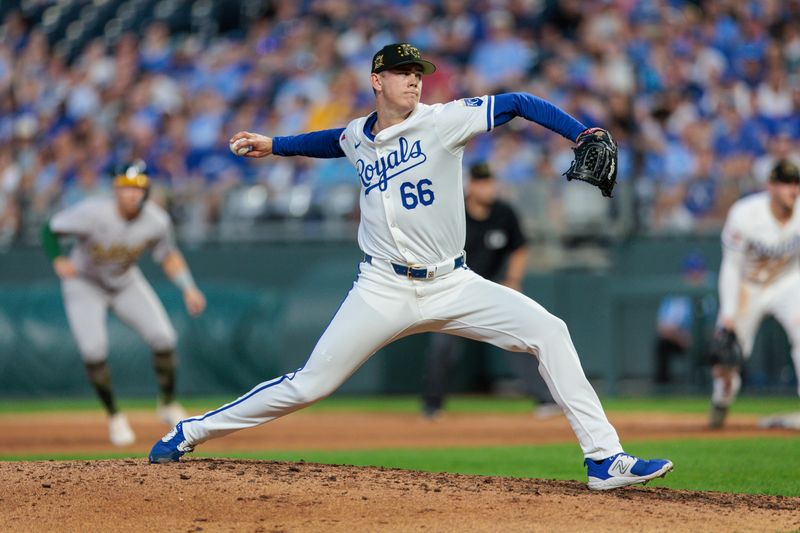 May 18, 2024; Kansas City, Missouri, USA; Kansas City Royals pitcher James McArthur (66) throws during the eighth inning against the Oakland Athletics at Kauffman Stadium. Mandatory Credit: William Purnell-USA TODAY Sports