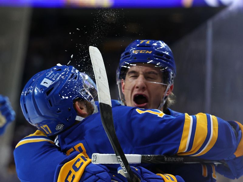 Oct 22, 2024; Buffalo, New York, USA;  Buffalo Sabres center Ryan McLeod (71) celebrates his goal with left wing Jason Zucker (17) during the second period against the Dallas Stars at KeyBank Center. Mandatory Credit: Timothy T. Ludwig-Imagn Images