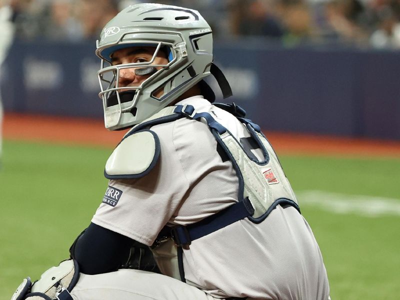 May 10, 2024; St. Petersburg, Florida, USA;  New York Yankees catcher Jose Trevino (39) looks on against the Tampa Bay Rays during the third inning at Tropicana Field. Mandatory Credit: Kim Klement Neitzel-USA TODAY Sports