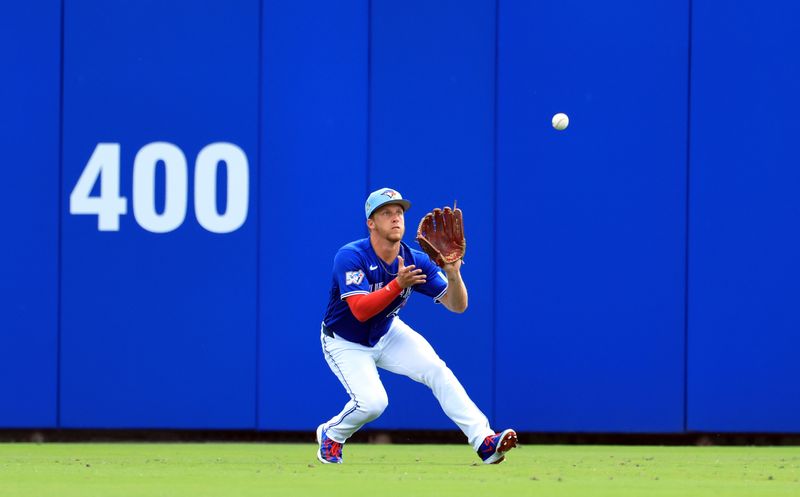 Mar 2, 2026; Dunedin, Florida, USA; Toronto Blue Jays center fielder Myles Straw (3) catches a fly ball during the second inning against the Boston Red Sox  at TD Ballpark. Mandatory Credit: Kim Klement Neitzel-Imagn Images