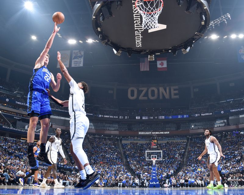 ORLANDO, FL - OCTOBER 25: Franz Wagner #22 of the Orlando Magic shoots the ball during the game against the Brooklyn Nets on October 25, 2024 at Kia Center in Orlando, Florida. NOTE TO USER: User expressly acknowledges and agrees that, by downloading and or using this photograph, User is consenting to the terms and conditions of the Getty Images License Agreement. Mandatory Copyright Notice: Copyright 2024 NBAE (Photo by Fernando Medina/NBAE via Getty Images)