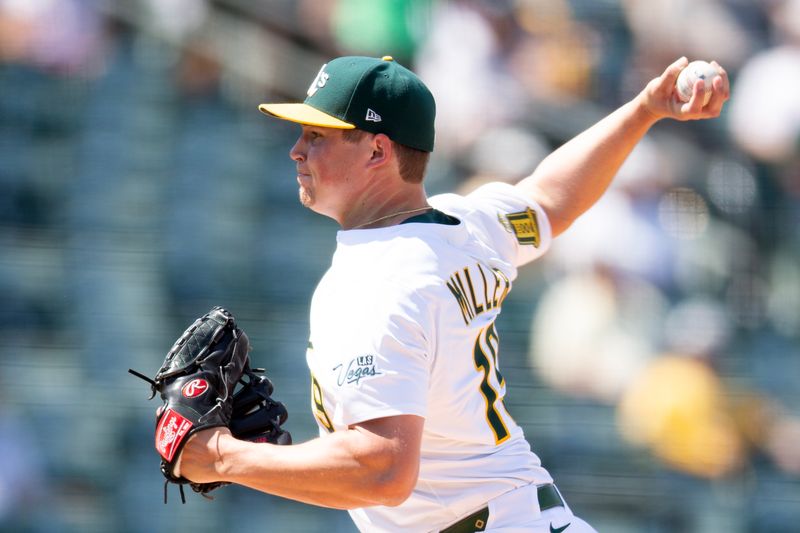 Jun 5, 2025; West Sacramento, California, USA; Athletics pitcher Mason Miller (19) delivers a pitch against the Minnesota Twins during the ninth inning at Sutter Health Park. Mandatory Credit: D. Ross Cameron-Imagn Images