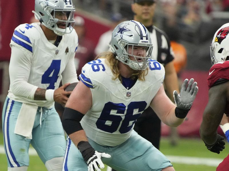 Dallas Cowboys guard T.J. Bass (66) lines up against the Arizona Cardinals during the first half of an NFL football game, Sunday, Sept. 24, 2023, in Glendale, Ariz. (AP Photo/Rick Scuteri)