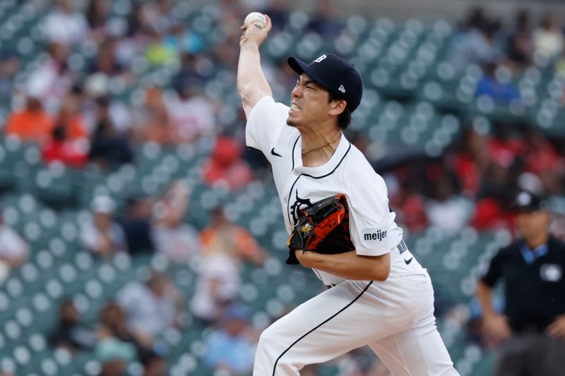 Jul 9, 2024; Detroit, Michigan, USA;  Detroit Tigers pitcher Kenta Maeda (18) pitches in the first inning against the Cleveland Guardians at Comerica Park. Mandatory Credit: Rick Osentoski-USA TODAY Sports
