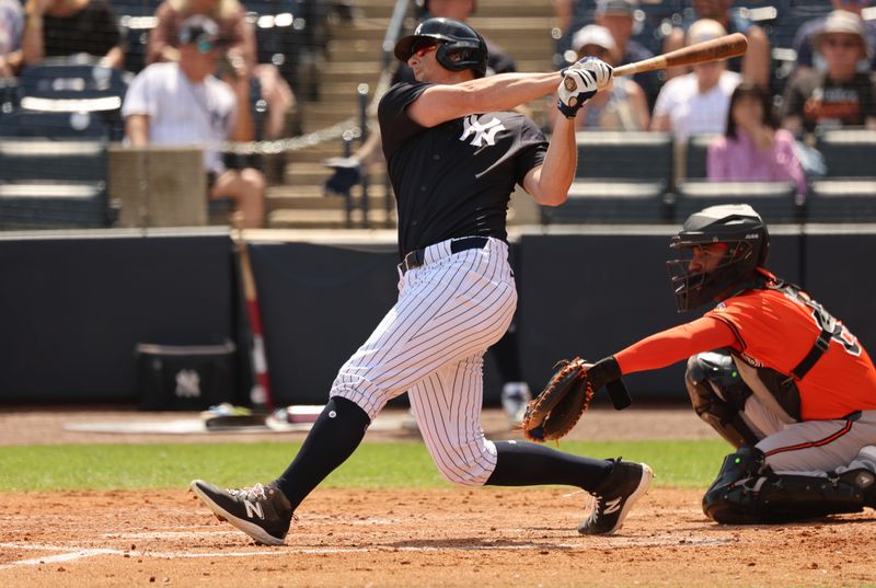 Mar 11, 2024; Tampa, Florida, USA; New York Yankees third baseman DJ LeMahieu (26) singles during the second inning against the Baltimore Orioles  at George M. Steinbrenner Field. Mandatory Credit: Kim Klement Neitzel-USA TODAY Sports