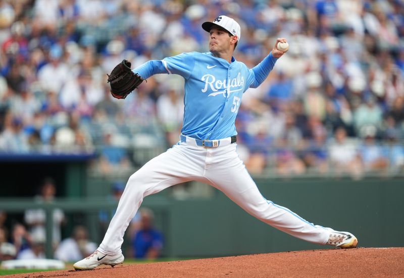 Jul 28, 2024; Kansas City, Missouri, USA; Kansas City Royals starting pitcher Cole Ragans (55) pitches during the first inning against the Chicago Cubs at Kauffman Stadium. Mandatory Credit: Jay Biggerstaff-USA TODAY Sports