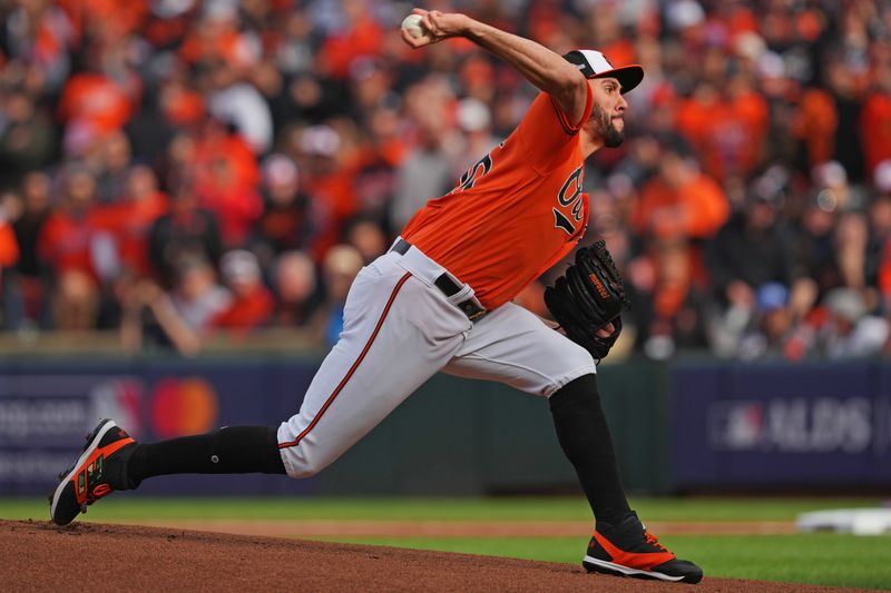 Oct 8, 2023; Baltimore, Maryland, USA; Baltimore Orioles starting pitcher Grayson Rodriguez (30) pitches during the first inning against the Texas Rangers during game two of the ALDS for the 2023 MLB playoffs at Oriole Park at Camden Yards. Mandatory Credit: Mitch Stringer-USA TODAY Sports