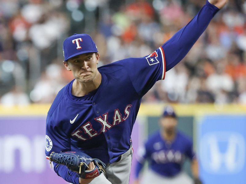Apr 13, 2024; Houston, Texas, USA;  Texas Rangers pitcher Jacob Latz (67) pitches against the Houston Astros in the fifth inning at Minute Maid Park. Mandatory Credit: Thomas Shea-USA TODAY Sports