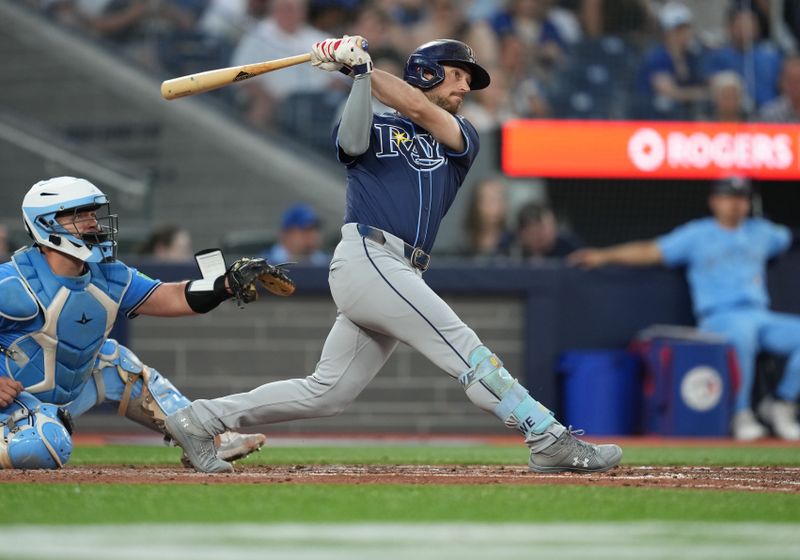 Jul 23, 2024; Toronto, Ontario, CAN; Tampa Bay Rays designated hitter Brandon Lowe (8) hits a two-run home run against the Toronto Blue Jays during the fifth inning at Rogers Centre. Mandatory Credit: Nick Turchiaro-USA TODAY Sports